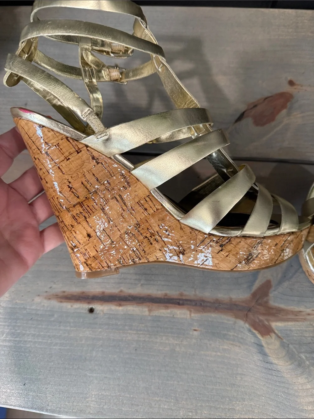 BCBG Metallic Gold Strappy Cork Wedge Sandals